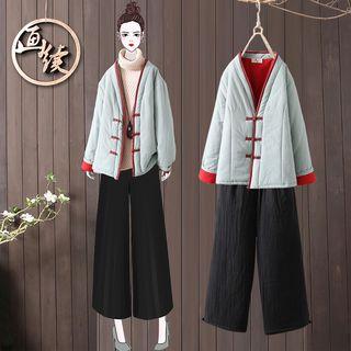 Padded Frog Buttoned Jacket / Plain Wide Leg Pants