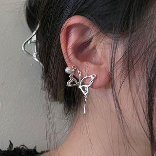 Asymmetrical Faux Pearl Butterfly Stud Earring 1 Pair - Silver - One Size