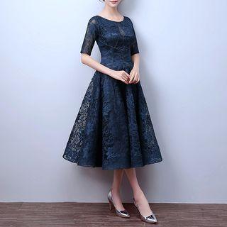 Lace Elbow-sleeve Midi Cocktail Dress