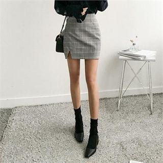 Slit-front Check Pencil Skirt