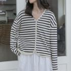 Long-sleeve V-neck Striped T-shirt Stripes - Dark Blue & White - One Size