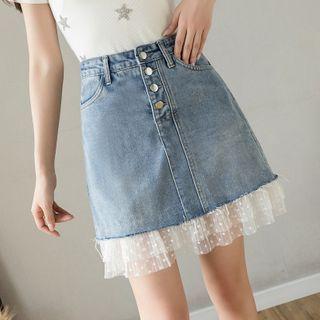 Mesh Denim Denim Mini A-line Skirt