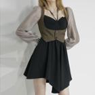 Set: Puff-sleeve Shirred A-line Dress + Vest