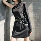 Long-sleeve One-shoulder Striped Mini Sheath Dress