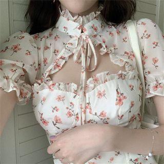 Flower Print Open Back Short-sleeve Blouse
