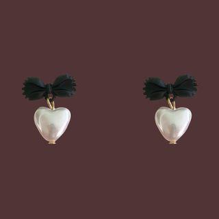 Bow Heart Faux Pearl Alloy Dangle Earring 1 Pair - White - One Size
