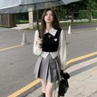 Mock Two-piece Heart Embroidered Shirt / Pleated A-line Skirt