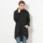 Faux Fur-trim Hooded Dip-back Jacket Dark Gray - One Size