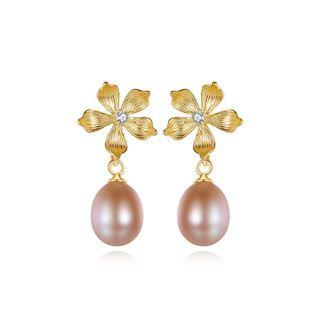 Sterling Silver Plated Gold Elegant Fashion Flower Purple Freshwater Pearl Earrings With Cubic Zirconia Golden - One Size