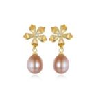 Sterling Silver Plated Gold Elegant Fashion Flower Purple Freshwater Pearl Earrings With Cubic Zirconia Golden - One Size
