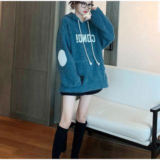 Elbow Applique Lettering Fleece Hooded Sweatshirt