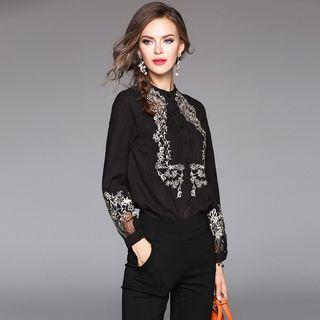 Long-sleeve Mesh Paneled Embroidered Shirt