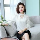 Long-sleeve Choker Neck Satin Blouse