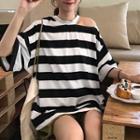 Striped Cut Out Shoulder Elbow Sleeve T-shirt Stripes - Black & White - One Size