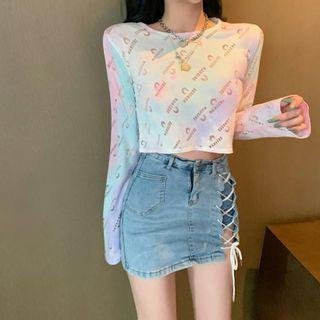 Tie-dye Print Cutout-back Long-sleeve Cropped T-shirt As Shown In Figure - One Size