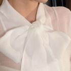 Tie-neck Frill-cuff Sheer Blouse