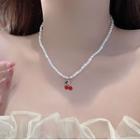 Cherry Alloy Pendant Faux Pearl Necklace White - One Size