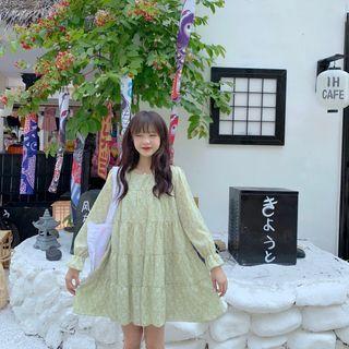 Long-sleeve Floral Mini A-line Dress Green - One Size