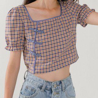 Frog-button Contrast-trim Plaid Cropped Blouse