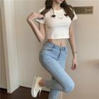 Smiley Face Print Short-sleeve Cropped T-shirt White - One Size