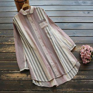 Striped Long Shirt Coffee - One Size
