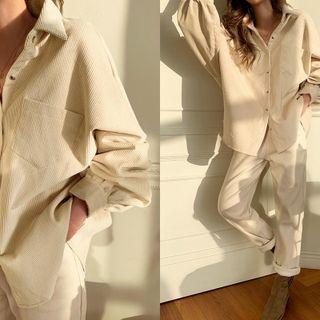 Pocket-front Corduroy Oversize Shirt Light Beige - One Size