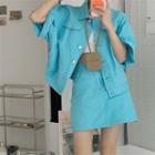 Set: Short-sleeve Button-up Jacket + Mini A-line Skirt