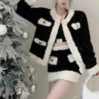 Two-tone Fluffy Trim Jacket / Mini Pencil Skirt