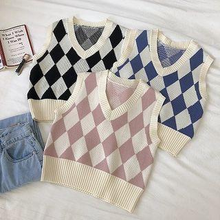 Color-block Argyle V-neck Vest