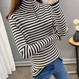 Zip Up Turtleneck Stripe Slim Fit Knit Top