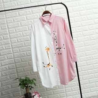 Long-sleeve Color-block Printed Long Blouse
