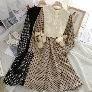 Set : Crewneck Plain Vest + Dotted A-line Dress