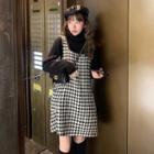 Set: Turtle-neck Sweater + Houndstooth A-line Pinafore Dress