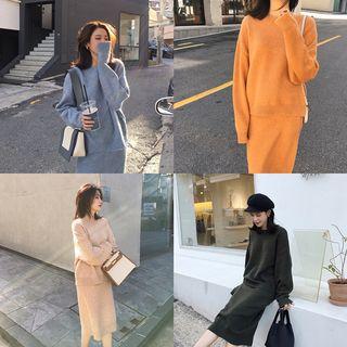 Set: Plain Crew Neck Sweater + Knit Midi H-line Skirt