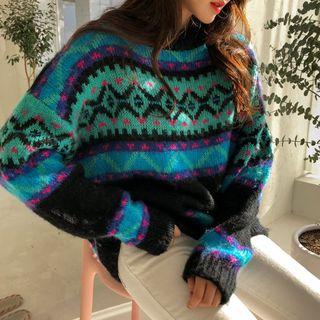 Round-neck Patterned Sweater Black - One Size