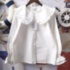 Long-sleeve Lace Flower Trim Peter Pan Collar Shirt White - One Size
