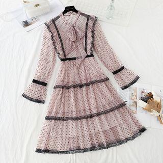 Flared-cuff Dotted Midi A-line Mesh Dress