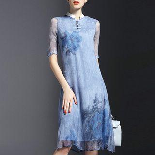 Stand-collar Short-sleeve Chiffon Dress