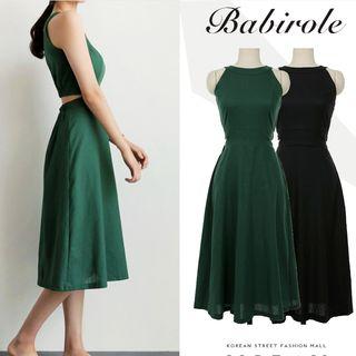 Cutout-waist Sleeveless Tie-waist Crewneck Cotton Halter Plain Zip Long Sheath Dress