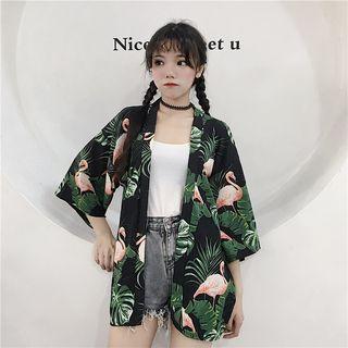 Open Front Flamingo 3/4-sleeve Top As Shown In Figure - One Size