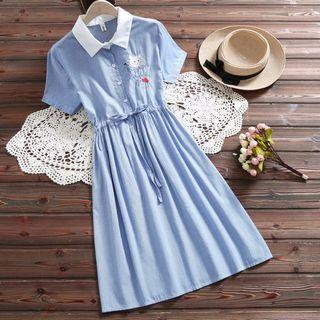 Short-sleeve Embroidered Gingham A-line Midi Shirt Dress