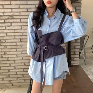 Elbow-sleeve Plain Shirt / Asymmetrical Tie-waist Vest