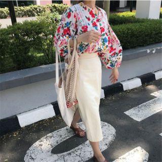 Floral Print Long-sleeve Chiffon Blouse / Midi Skirt