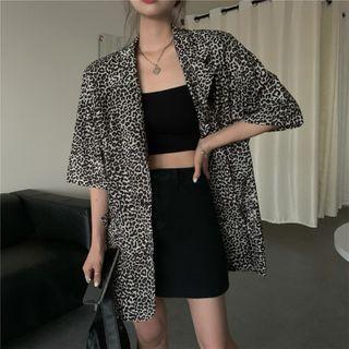 Short-sleeve Leopard Print Shirt Leopard - Black & White - One Size