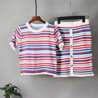 Set: Short-sleeve Striped Knit Top + Knit Pencil Skirt Stripes - Multicolor - One Size