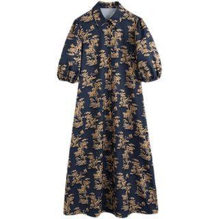 Puff-sleeve Patterned Midi Shirt Dress