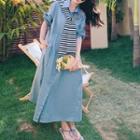 Set : Single-breasted Long Shirtdress + Shawl