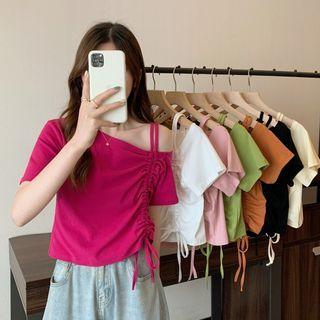 Short-sleeve Off-shoulder Plain Drawstring Top