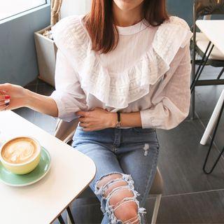 Puff-sleeve Laced Ruffle-trim Top