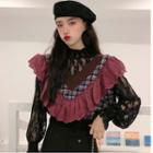 Plaid Ruffled Vest / Long-sleeve Lace Top